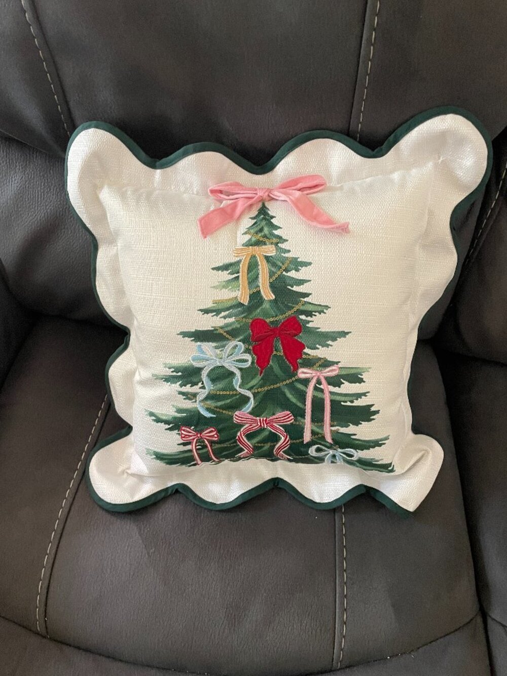 Embroidered Holiday Christmas Tree Pillow with Ribbons 18" x 17"